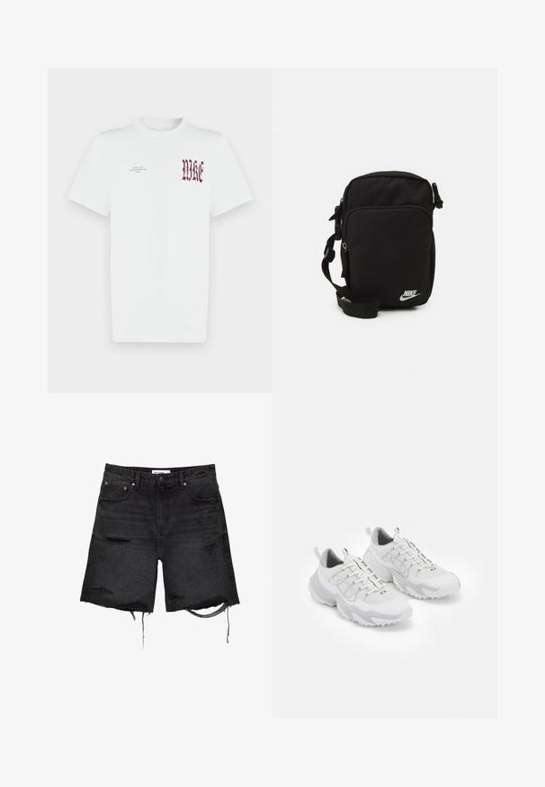 Fehér pamut póló, bal mellrészen piros "NIKE" grafikával és felirattal. Rövid ujjú, kerek nyakú kialakítás, sima textúrájú.; PULL&BEAR BERMUDA - Farmer rövidnadrágok - black; Fehér sportcipők, hálós felsőrésszel, szürke részletekkel, textúrált gumitalppal és hátsó húzófülekkel; fűzős kialakítással.; Fekete nylon keresztpántos táska állítható pánttal, cipzáras rekeszekkel és fehér Nike logóval elöl. Simás textúra, téglalap alakú.