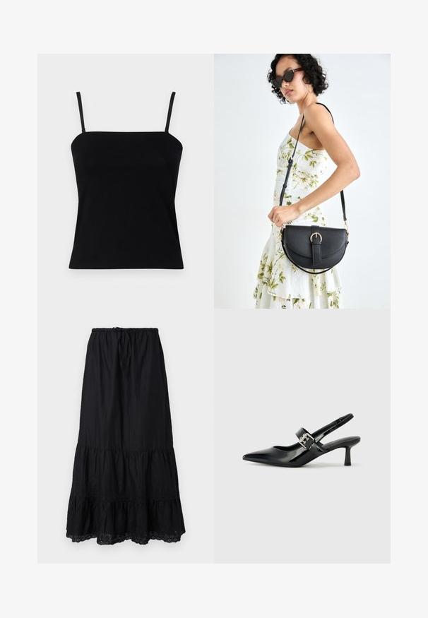 GAP COMPACT TUBE - Felső - black; Fekete, réteges szoknya könnyű anyagból, húzós derékkal, hímzett díszítéssel a szegélynél és lágy vonalvezetéssel.; Fekete lakkbőr slingback sarkú cipők hegyes orral és kis blokk talppal, ezüst csat díszítéssel a pánton.; Fekete bőrtáska ívelt formával, levehető pánttal és arany színű fémrészekkel. A táskán egy csattal díszített fedél található.