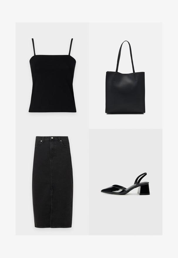GAP COMPACT TUBE - Top - black; Black denim skirt with a high waist, knee-length hem, front seam, and classic five-pocket design. Features metallic button and subtle texture.; Black patent leather slingback heels with a pointed toe and a geometric block heel. Features a sleek, minimal design and smooth texture.; Black leather tote bag with smooth texture, rectangular shape, and two long handles. No visible hardware or embellishments.