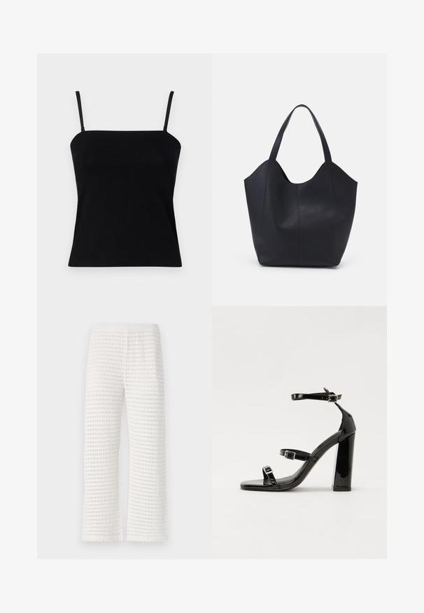 GAP COMPACT TUBE  - Top - black; Pantaloni albi texturati cu un model tip vafă, având un talie elastică și un design cu picioare largi, cu margini ondulate la tiv.; Sandale cu toc din patent negru, cu vârf pătrat, curele la gleznă și catarame din argint. Dispune de un toc gros pentru stabilitate.; Geantă de umăr neagră, realizată din piele netedă, cu un design minimalist, având un vârf deschis curbat și două mânere pentru umăr.