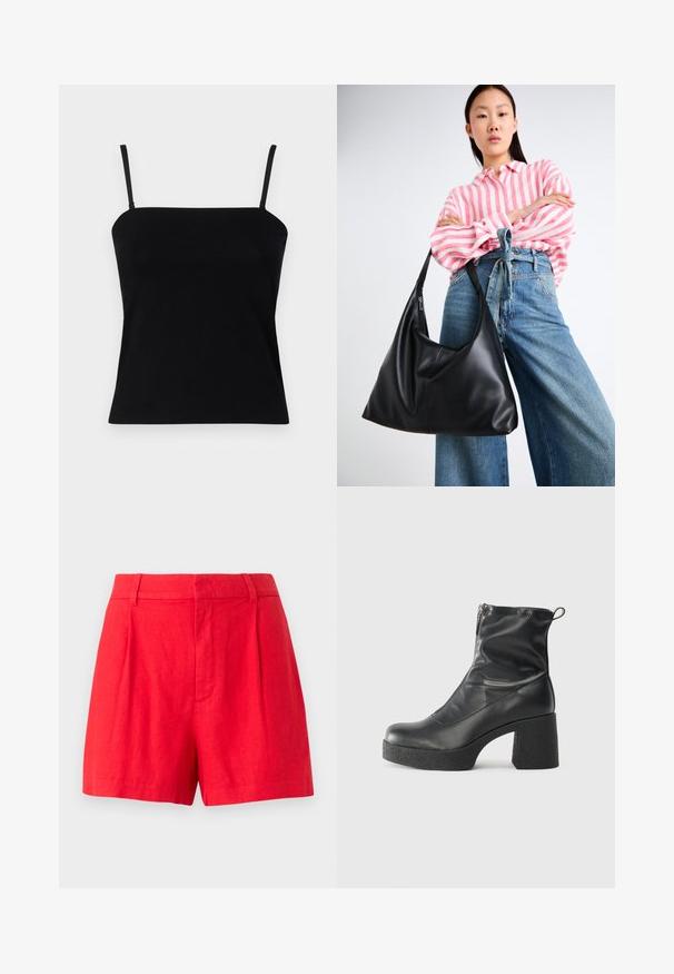 GAP COMPACT TUBE - Top - black; Červené lněné šortky s upraveným designem, zdobené záhyby, hladkou texturou a středně vysokým pasem.; Černé kotníkové boty vyrobené z hladké kůže, s bočním zipem, robustním strukturovaným podpatkem a kulatou špičkou.; Černá kožená taška přes rameno se uvolněným tvarem a švy. Model na sobě má růžovo-bílý pruhovaný top a široké modré džíny.
