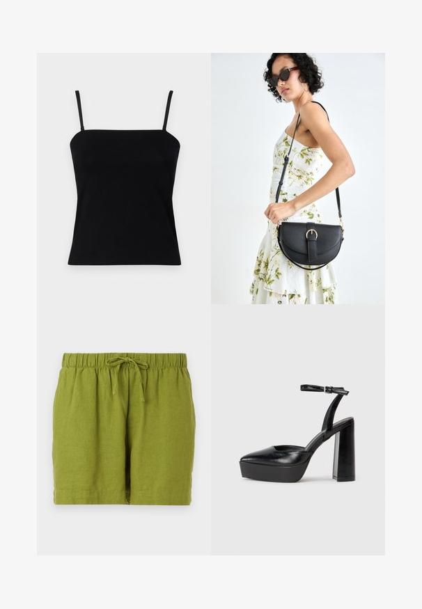 GAP COMPACT TUBE  - Tops - black; Zaļi lina šorti ar elastīgu jostu un regulējamu auklu, kas piedāvā brīvu piegriezumu un taisnu apakšmalu.; Melnas platformas papēžs ar norādītu purngala formu un regulējamu potītes siksniņu. Izgatavotas no gludas ādas, ar masīvu bloku papēdi.; Melnas ādas rokassoma ar izliekta formu, noņemamu siksnu un zelta aksesuāriem. Somai ir vāciņš ar sprādzes detaļu.