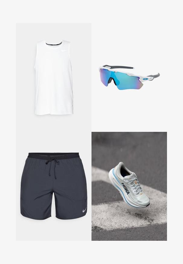 Valge ilma varrukateta Nike jooksmise topp ümmarguse kaelusega, siledast materjalist, ning must Nike logo vasakul rinnal.; Nike jooksulühikesed tumedashallid, elastse vöökoha ja paelaga, ning hõbedane logoaktsent paremas allnurgas.; Heledhall hallitusroosa jooksujalats, millel on hingav võrkmaterjal, oranžid aktsendid ja paks valge vaheosa sinise äärega. Kerge disain.; Valged raamidega päikeseprillid, hallide aktsentidega ja siniste peegelprillidega. Sportlik disain, ümber keha kujundus ja reguleeritavad ninasillad.