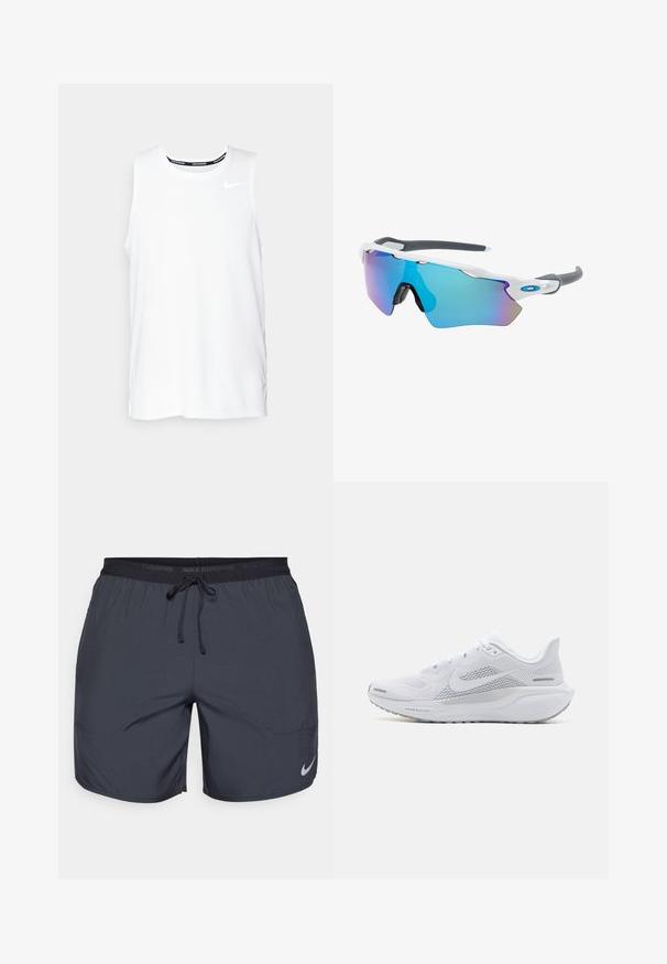 Hvid ærmeløs Nike løbeoverdel med rund halsudskæring, glat tekstur og sort Nike-logo på den øverste venstre bryst.; Nike løbeshorts i mørkegrå, med elastisk talje og snor samt en sølvlogoaccent på den nederste højre ben.; Hvide atletiksko med en overdel i mesh, glatte teksturerede overlejringer, grå accenter, snørebånd og en polstret sål designet til ydeevne.; Solsikker med hvid ramme, grå accenter og blå spejllinser. Sporty design, omviklet form og justerbare næsepuder.