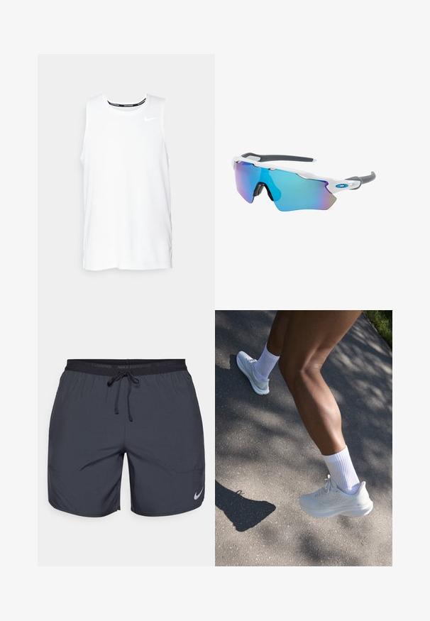 Top de alergare Nike fără mâneci, de culoare albă, cu guler rotund, textură fină și logo-ul Nike de culoare neagră pe partea stângă a pieptului.; Pantaloni scurți de alergare Nike de culoare gri închis, cu un brâu elastic și șnur și un accent cu logo argintiu pe partea inferioară a piciorului drept.; Cămașă sportivă albă cu un upper texturat, șireturi și talpă cusută, asortată cu șosete albe până la glezne, pe un fundal de asfalt gri.; Ochelari de soare cu cadru alb, accente gri și lentile curbate albastre. Design sportiv, formă envolvitoare și pernițe de nas ajustabile.