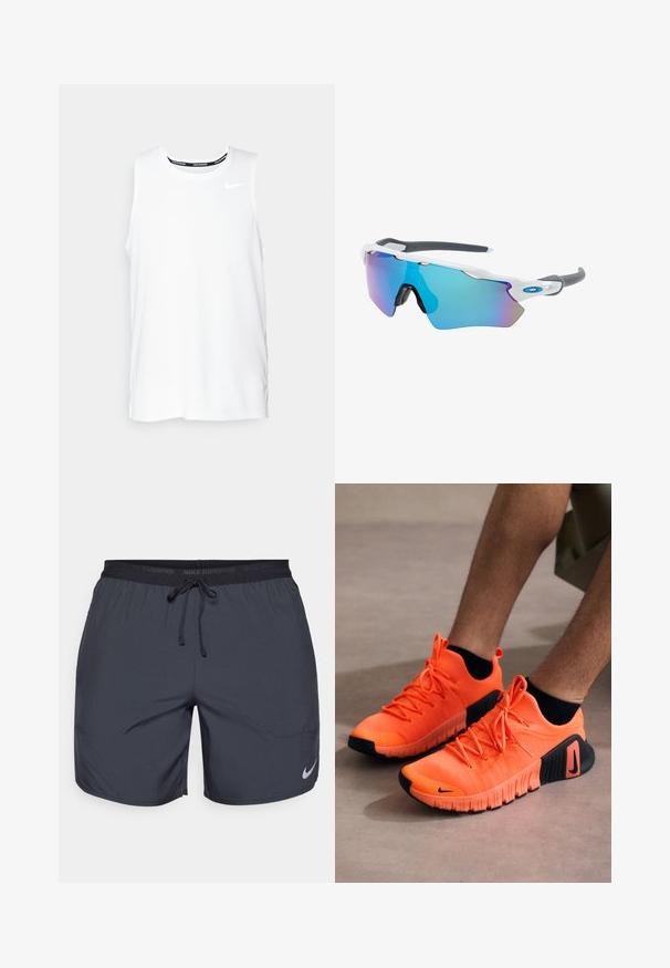 Weißes ärmelloses Nike-Lauftop mit Rundhalsausschnitt, glatter Textur und schwarzem Nike-Logo auf der oberen linken Brust.; Dunkelgraue Nike Laufshorts mit einem elastischen Bund und einem Zugband sowie einem silbernen Logo-Akzent am unteren rechten Bein.; Orange Sport-Schuhe mit strukturiertem Obermaterial, schwarzem Gummisohle und Schnürsenkeln. Auf der Seite befindet sich ein Nike-Logo, und das Design ist schlank.; Sonnenbrille mit einem weißen Rahmen, grauen Akzenten und blauen Spiegellinsen. Sportliches Design, umschließende Form und verstellbare Nasenpads.