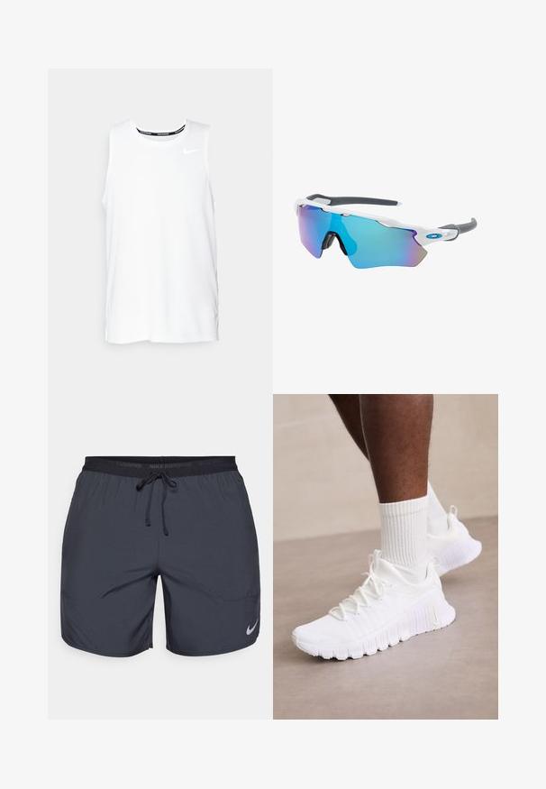 Top de alergare Nike fără mâneci, de culoare albă, cu guler rotund, textură fină și logo-ul Nike de culoare neagră pe partea stângă a pieptului.; Pantaloni scurți de alergare Nike de culoare gri închis, cu un brâu elastic și șnur și un accent cu logo argintiu pe partea inferioară a piciorului drept.; Pantofi sport albi cu un superior texturat, guler căptușit și talpă flexibilă; complementați de șosete albe cu model ribetat.; Ochelari de soare cu cadru alb, accente gri și lentile curbate albastre. Design sportiv, formă envolvitoare și pernițe de nas ajustabile.