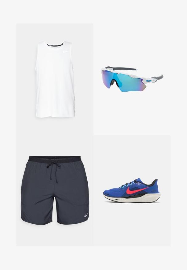 Valge ilma varrukateta Nike jooksmise topp ümmarguse kaelusega, siledast materjalist, ning must Nike logo vasakul rinnal.; Nike jooksulühikesed tumedashallid, elastse vöökoha ja paelaga, ning hõbedane logoaktsent paremas allnurgas.; Nike Performance AIR ZOOM PEGASUS 41 - Maanteejooksu jalatsid - astronomy blue/hot punch/black/baltic blue/pale ivory; Valged raamidega päikeseprillid, hallide aktsentidega ja siniste peegelprillidega. Sportlik disain, ümber keha kujundus ja reguleeritavad ninasillad.