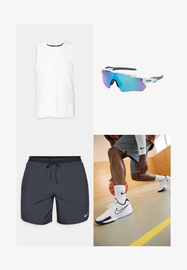 Baltā bezpiedurkņu Nike skriešanas krekla ar apaļu dekoltē, gludu tekstūru un melnu Nike logotipu kreisajā augšējā krūtī.; Nike skriešanas šorti tumši pelēkā krāsā, ar elastīgu jostu un auklu, kā arī sudraba logotipu zem labā kājas apakšdaļā.; Nike basketbola apavi baltā krāsā ar melniem akcentiem, ar sieta augšdaļu un teksturētu zoli. Uzvilkti ar baltām Nike zīmola zeķēm un pelēkām šortiem.; Saulesbrilles ar baltu rāmi, pelēkiem akcentiem un ziliem spoguļobjektīviem. Sportisks dizains, apņemjoša forma un regulējami deguna spilventiņi.