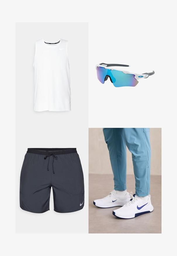 Weißes ärmelloses Nike-Lauftop mit Rundhalsausschnitt, glatter Textur und schwarzem Nike-Logo auf der oberen linken Brust.; Dunkelgraue Nike Laufshorts mit einem elastischen Bund und einem Zugband sowie einem silbernen Logo-Akzent am unteren rechten Bein.; Weiße Sportschuhe mit einem blauen Nike-Swoosh, strukturiertem Obermaterial und blauen Akzenten an der Sohle, kombiniert mit hellblauen Sporthosen.; Sonnenbrille mit einem weißen Rahmen, grauen Akzenten und blauen Spiegellinsen. Sportliches Design, umschließende Form und verstellbare Nasenpads.