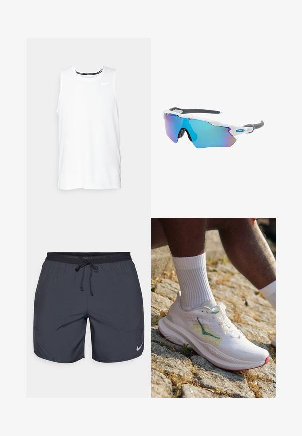 Valkoinen ilmanhiha Nike-juoksupaita, jossa on pyöreä kaula-aukko, sileä pinta ja musta Nike-logo vasemmassa ylä rinnassa.; Juoksushortsit tummanharmaana, joissa on elastinen vyötärö ja nyöri sekä hopeinen logo vasemmassa alalaidassa.; HOKA MACH 6 - Katujuoksukengät - white/nimbus cloud; Aurinkolasit valkoisella muodolla, harmailla yksityiskohdilla ja sinisillä peilipinnoilla. Urheilullinen muotoilu, ympäröivä malli ja säädettävät nenätyynyt.