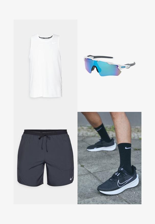 Baltā bezpiedurkņu Nike skriešanas krekla ar apaļu dekoltē, gludu tekstūru un melnu Nike logotipu kreisajā augšējā krūtī.; Nike skriešanas šorti tumši pelēkā krāsā, ar elastīgu jostu un auklu, kā arī sudraba logotipu zem labā kājas apakšdaļā.; Nike Performance INTERACT RUN - Krosa skriešanas apavi - black/white/anthracite; Saulesbrilles ar baltu rāmi, pelēkiem akcentiem un ziliem spoguļobjektīviem. Sportisks dizains, apņemjoša forma un regulējami deguna spilventiņi.