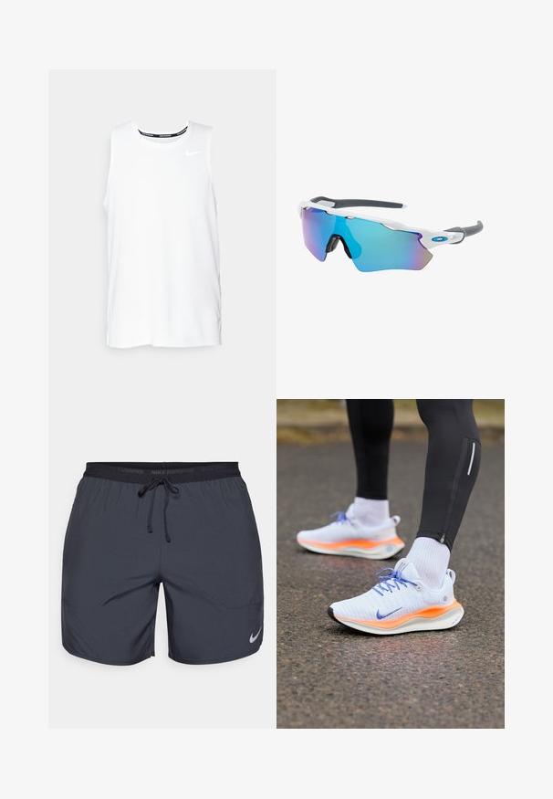 Hvid ærmeløs Nike løbeoverdel med rund halsudskæring, glat tekstur og sort Nike-logo på den øverste venstre bryst.; Nike løbeshorts i mørkegrå, med elastisk talje og snor samt en sølvlogoaccent på den nederste højre ben.; Hvide og orange løbesko med blå snørebånd, båret med hvide sokker og sorte leggings på en asfaltflade.; Solsikker med hvid ramme, grå accenter og blå spejllinser. Sporty design, omviklet form og justerbare næsepuder.