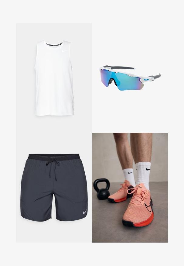 White sleeveless Nike running top with a round neckline, smooth texture, and black Nike logo on the upper left chest.; Nike running shorts in dark gray, featuring an elastic waistband with a drawstring and a silver logo accent on the lower right leg.; Nike athletic shoes in pink mesh with black accents. Features thick laces, padded tongue, and textured sole. White socks with logo. Black kettlebell nearby.; Sunglasses with a white frame, gray accents, and blue mirrored lenses. Sporty design, wraparound shape, and adjustable nose pads.