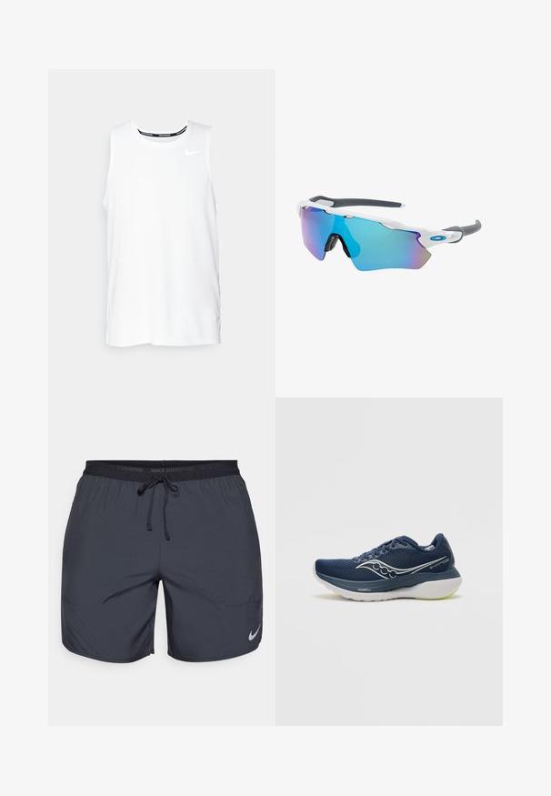 Haut de course Nike sans manches de couleur blanche avec un col rond, texture lisse et logo Nike noir sur le haut à gauche de la poitrine.; Shorts de course Nike en gris foncé, avec une taille élastique dotée d'un cordon de serrage et un accent de logo argenté sur la jambe inférieure droite.; Baskets de course navy avec tige en mesh, accents blancs et semelle épaisse avec des détails verts. Le design comprend un logo sur le côté et des lacets.; Lunettes de soleil avec une monture blanche, des accents gris et des verres miroitants bleus. Design sportif, forme enveloppante et plaquettes de nez réglables.