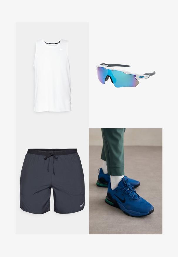 Top da corsa Nike senza maniche di colore bianco, con scollo rotondo, texture liscia e logo Nike nero sulla parte superiore sinistra del petto.; Shorts da corsa Nike di colore grigio scuro, con cintura elastica e cordino, e un accento di logo argento sulla parte inferiore della gamba destra.; Nike Performance AIR MAX ALPHA TRAINER 5 - Scarpe da allenamento - court blue/black/green strike; Occhiali da sole con montatura bianca, dettagli grigi e lenti a specchio blu. Design sportivo, forma avvolgente e naselli regolabili.