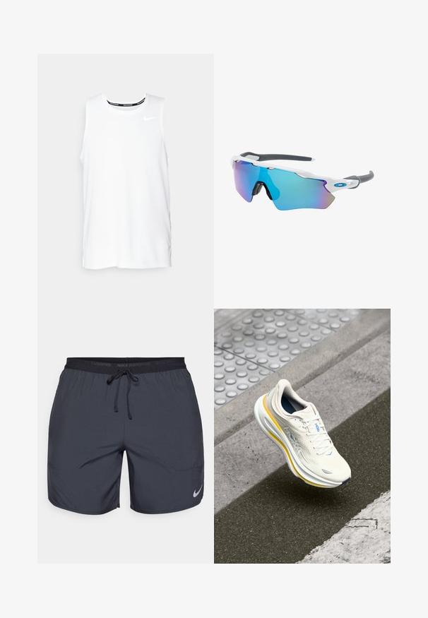 Camiseta sin mangas blanca de Nike para correr, con cuello redondo, textura suave y logo negro de Nike en la parte superior izquierda del pecho.; Pantalones cortos de running de Nike en gris oscuro, con una cintura elástica y un cordón de ajuste, además de un acento del logo plateado en la parte inferior de la pierna derecha.; Zapatilla HOKA blanca y amarilla flotando sobre una acera texturizada y el bordillo de una carretera cerca de un cruce peatonal.; Gafas de sol con montura blanca, detalles grises y lentes espejados azules. Diseño deportivo, forma envolvente y almohadillas para la nariz ajustables.