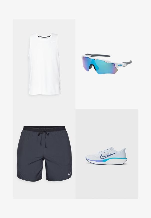 Haut de course Nike sans manches de couleur blanche avec un col rond, texture lisse et logo Nike noir sur le haut à gauche de la poitrine.; Shorts de course Nike en gris foncé, avec une taille élastique dotée d'un cordon de serrage et un accent de logo argenté sur la jambe inférieure droite.; Baskets de course bleu clair avec un dessus en mesh respirant, une semelle intermédiaire blanche et des accents colorés en bleu et aqua. Présente un logo Swoosh bien en évidence.; Lunettes de soleil avec une monture blanche, des accents gris et des verres miroitants bleus. Design sportif, forme enveloppante et plaquettes de nez réglables.