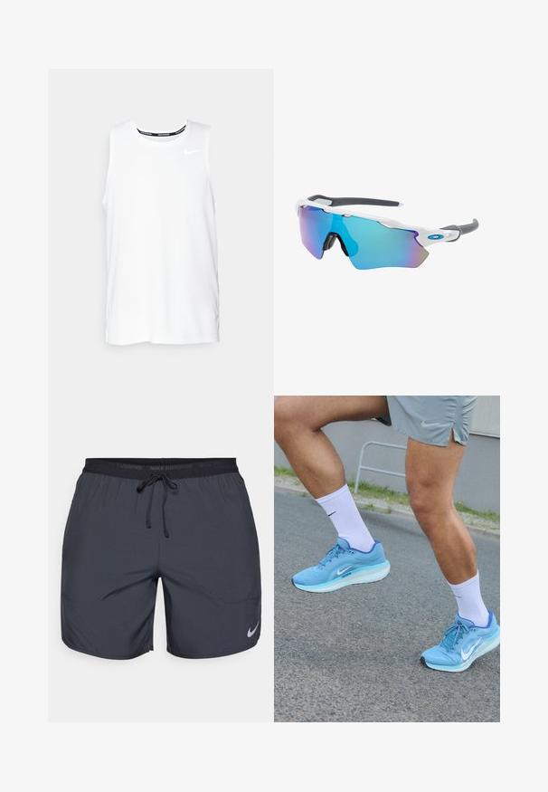 Balta be rankovių Nike bėgimo marškinėliai su apvaliu kaklu, lygiu paviršiumi ir juodu Nike logotipu viršutinėje kairėje krūtinės pusėje.; Nike bėgimo šortai tamsiai pilki, su elastine juostele ir raišteliu, bei sidabriniu logotipo akcentu apatiniame dešiniajame šlaunies kampe.; Šviesiai mėlyni sportiniai batai su tinklelio viršumi, balta swoosh logotipu, storu baltu padu, su baltais kojiniais, ant asfalto fono.; Akiniai nuo saulės su balta rėmeliu, pilkų akcentų ir mėlynais veidrodiniais objektyvais. Sportiškas dizainas, aplink galvą prilipusios formos ir reguliuojamos nosies pagalvėlės.
