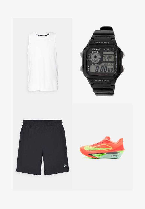 Fehér ujjatlan Nike futó felső kerek nyakkivágással, sima textúrával és fekete Nike logóval a bal felső mellkason.; Fekete sportnadrág könnyű anyagból, rugalmas derékkal. A bal alsó oldalon egy kis fehér Nike-logó található.; Futócipő fényes narancssárga felsőrésszel, neon zöld részletekkel, aerodinamikus dizájnnal és jellegzetes szürke-zöld talppal, amelyen a "ZOOMX" felirat található.; Digitális karóra fekete gumiszíjjal, jól látható téglalap alakú tokjával és lencséjével. Időt, világidőtérképet mutat, és gombokkal rendelkezik az ébresztő és a fény funkciókhoz.