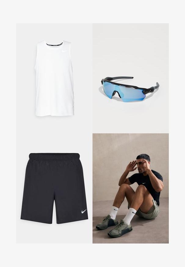 Valkoinen ilmanhiha Nike-juoksupaita, jossa on pyöreä kaula-aukko, sileä pinta ja musta Nike-logo vasemmassa ylä rinnassa.; Mustat urheilushortsit, jotka on valmistettu kevyestä materiaalista ja joissa on joustava vyötärö. Alareunassa vasemmalla puolella on pieni valkoinen Nike-logo.; Kevyet urheilukengät oliivinvihreänä, joissa on tekstuuriin verrattava verkkopäällinen, mustia yksityiskohtia ja näkyvät nauhat. Yhdistetty valkoisten sukkien ja shortsien kanssa.; Urheilulasit mustalla kehyksellä, suurilla sinisillä linsseillä ja tukevalla rakenteella. Ne tarjoavat parannettua ympäröivää suojaa.