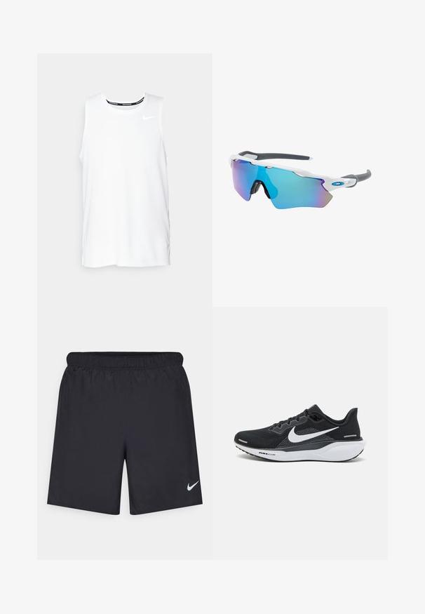 Biała bezrękawnik Nike do biegania z okrągłym dekoltem, gładką teksturą i czarnym logo Nike na górnej lewej części klatki piersiowej.; Czarne spodenki sportowe wykonane z lekkiego materiału, z elastycznym pasem. Posiadają małe białe logo Nike na dolnej lewej stronie.; Czarny but sportowy z siateczkowym wierzchem, białym logo swoosh, wyściełanym kołnierzem oraz amortyzowaną podeszwą z detalem "AIR ZOOM" na podeszwie zewnętrznej.; Okulary przeciwsłoneczne z białą oprawą, szarymi akcentami i niebieskimi lustrzanymi soczewkami. Sportowy design, kształt otaczający, z regulowanymi noskami.