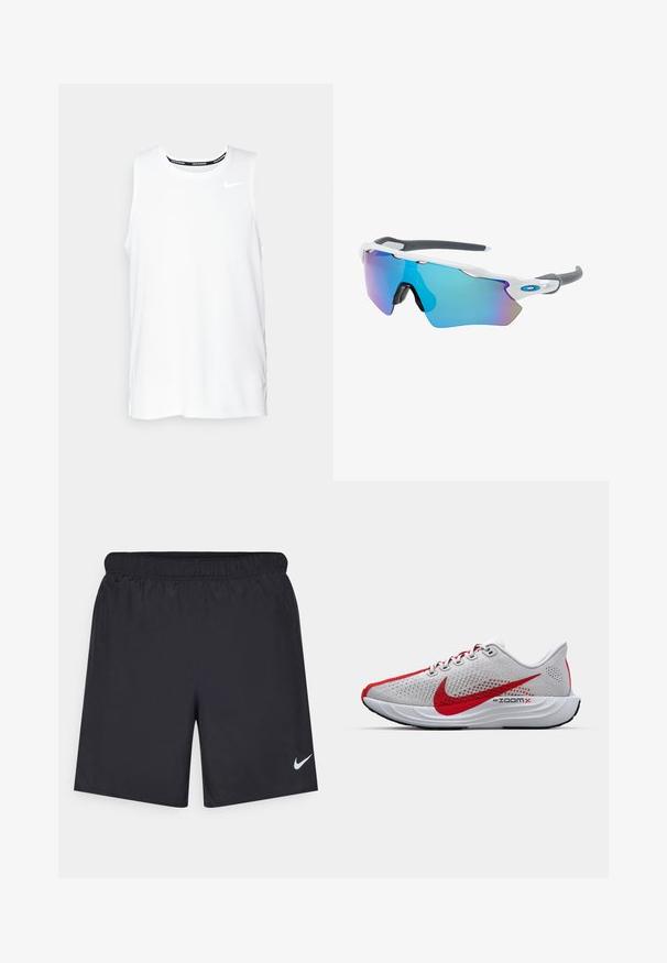 Bijela bezrukavna trkačka majica Nike s okruglim izrezom, glatkom teksturom i crnim Nike logom na gornjem lijevom dijelu prsiju.; Crne atletske kratke hlače od laganog materijala s elastičnom tačkom. Imaju mali bijeli Nike logo na donjoj lijevoj strani.; Nike ZoomX tenisice za trčanje imaju gornji dio od sive mrežice s crvenim detaljima, elegantan dizajn i udoban bijeli srednji potplat, namijenjen za visokih performansi.; Naočale za sunce s bijelim okvirom, sivo-zlatnim detaljima i plavim zrcalnim lećama. Sportski dizajn, oblik koji se prilagođava obliku lica i podesive nosne jastučiće.