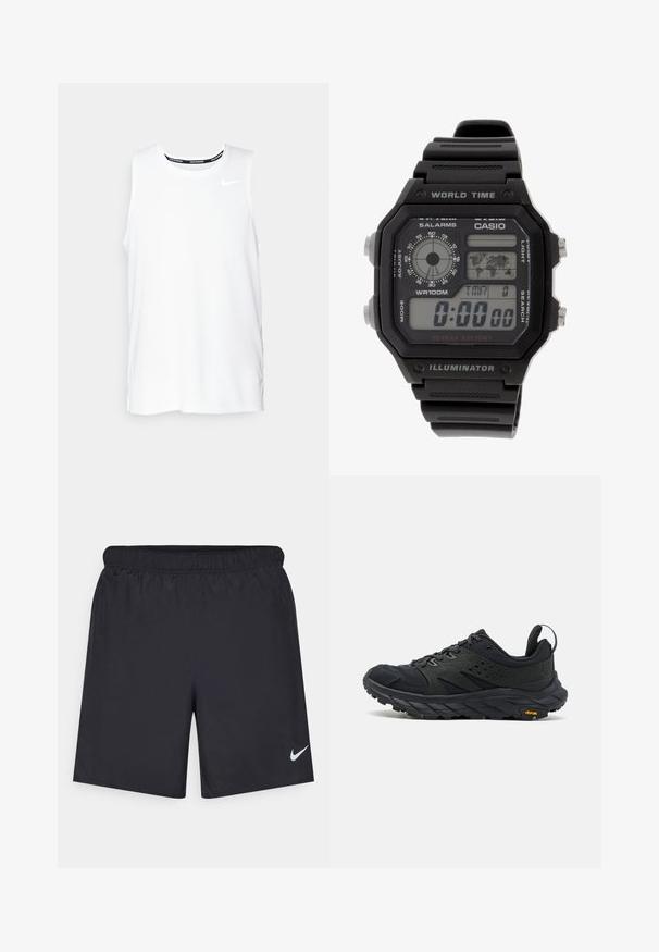 Hvit ermeløs Nike løpetopp med rund hals, glatt tekstur, og svart Nike-logo på øvre venstre bryst.; Svart sportskjørt laget av lett materiale med elastisk linning. Har en liten hvit Nike-logo nederst til venstre.; Sorte tursko med mesh- og gummioverdel, kraftig teksturert såle, polstret krage og reflekterende detaljer. Vibram-logo på sålen.; Digital klokke med svart gummirem, rektangulært hus og linse. Viser tid, verdenskart for tidssoner, og knapper for alarm og lys.