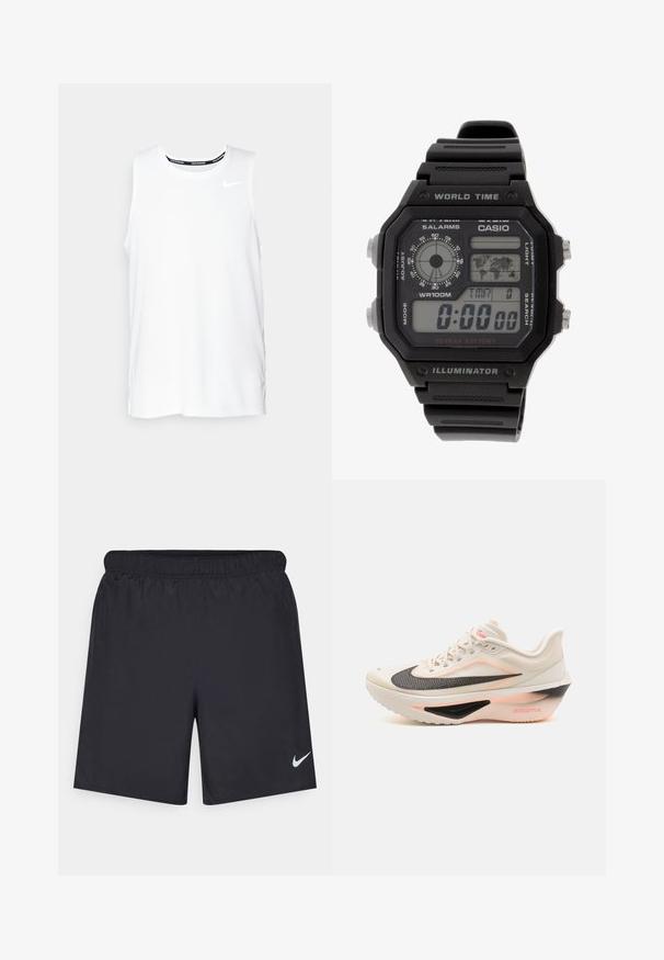Top da corsa Nike senza maniche di colore bianco, con scollo rotondo, texture liscia e logo Nike nero sulla parte superiore sinistra del petto.; Shorts sportivi neri realizzati in materiale leggero con vita elastica. Presentano un piccolo logo Nike bianco sul lato sinistro in basso.; Scarpa da corsa leggera color crema con un accento nero. Presenta una tomaia in mesh traspirante, ammortizzazione ZoomX e una suola testurizzata per una migliore aderenza.; Orologio digitale da polso con cinturino in gomma nera, cassa rettangolare e lente. Visualizza l'ora, la mappa del fuso orario mondiale e pulsanti per la sveglia e la luce.