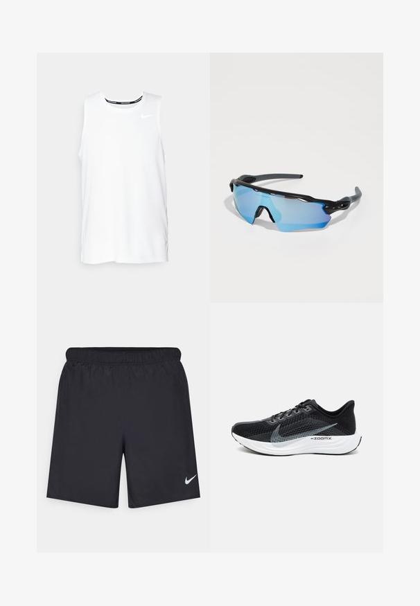 White sleeveless Nike running top with a round neckline, smooth texture, and black Nike logo on the upper left chest.; Black athletic shorts made of lightweight material with an elastic waistband. Features a small white Nike logo on the lower left side.; Black athletic shoe with a breathable mesh upper, gray accents, a cushioned white sole, and a sleek, streamlined design.; Sport sunglasses with a black frame, large blue-tinted lenses, and a sturdy design. They feature enhanced wraparound coverage.