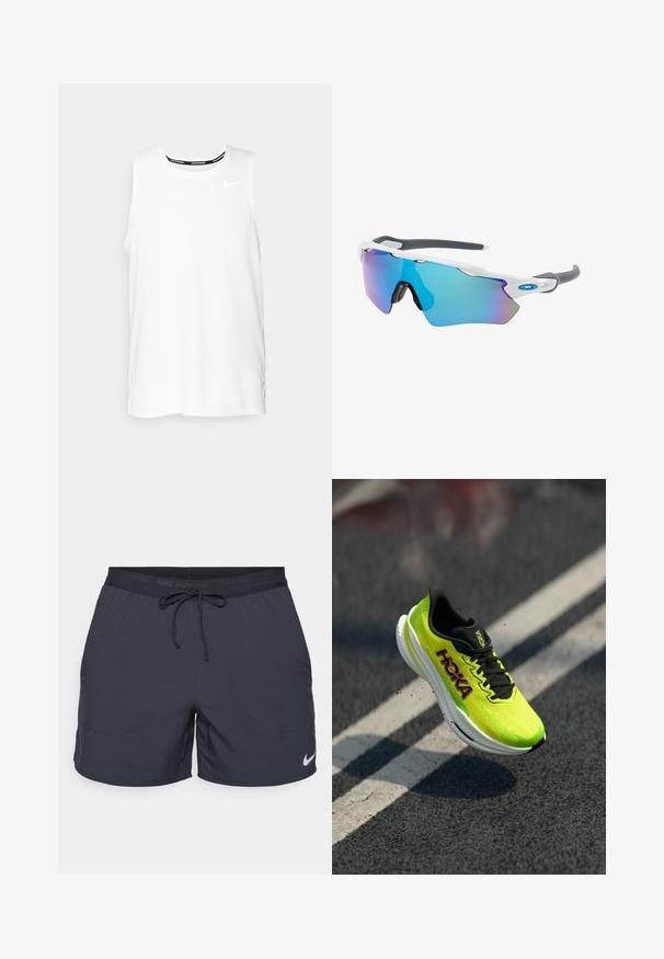 Haut de course Nike sans manches de couleur blanche avec un col rond, texture lisse et logo Nike noir sur le haut à gauche de la poitrine.; Shorts de course Nike, gris foncé, taille élastique avec cordon de serrage, poches latérales, tissu léger, arborant un logo Nike blanc sur l'ourlet inférieur.; Chaussure de course Hoka avec une tige en maille néon jaune vif, des accents noirs et une semelle intermédiaire blanche, dotée d'un design élancé et d'une surface texturée.; Lunettes de soleil avec une monture blanche, des accents gris et des verres miroitants bleus. Design sportif, forme enveloppante et plaquettes de nez réglables.