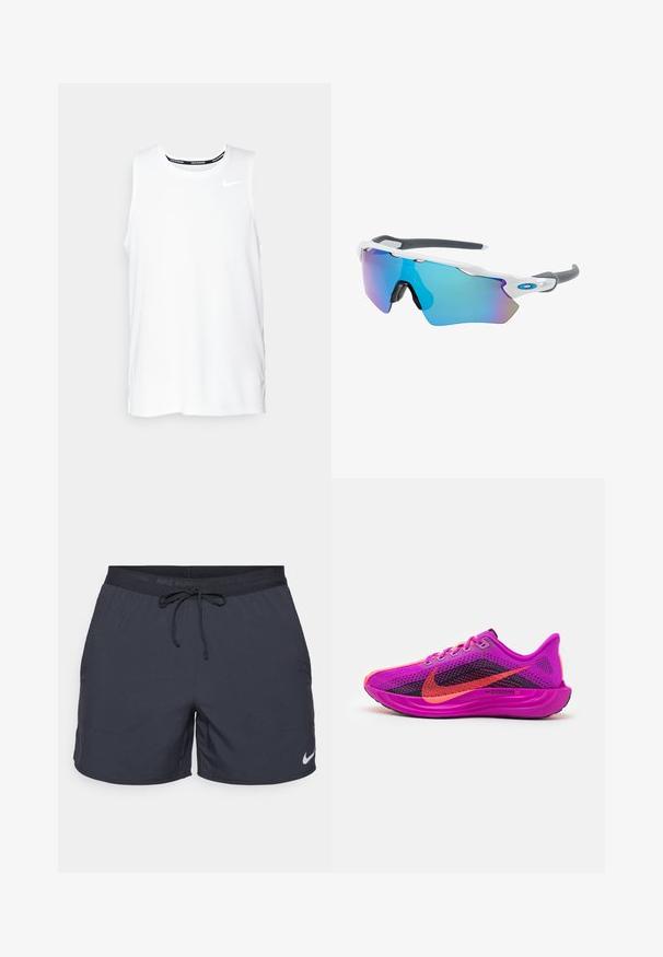 Top da corsa Nike senza maniche di colore bianco, con scollo rotondo, texture liscia e logo Nike nero sulla parte superiore sinistra del petto.; Shorts da running Nike, grigio scuro, vita elastica con cordino, tasche laterali, tessuto leggero, con il logo Nike bianco sull'orlo inferiore.; Scarpa da corsa Nike ZoomX in rosa vivace con dettagli in rete nera. Presenta accentuazioni viola, lacci rotondi e una suola testurizzata per la presa.; Occhiali da sole con montatura bianca, dettagli grigi e lenti a specchio blu. Design sportivo, forma avvolgente e naselli regolabili.
