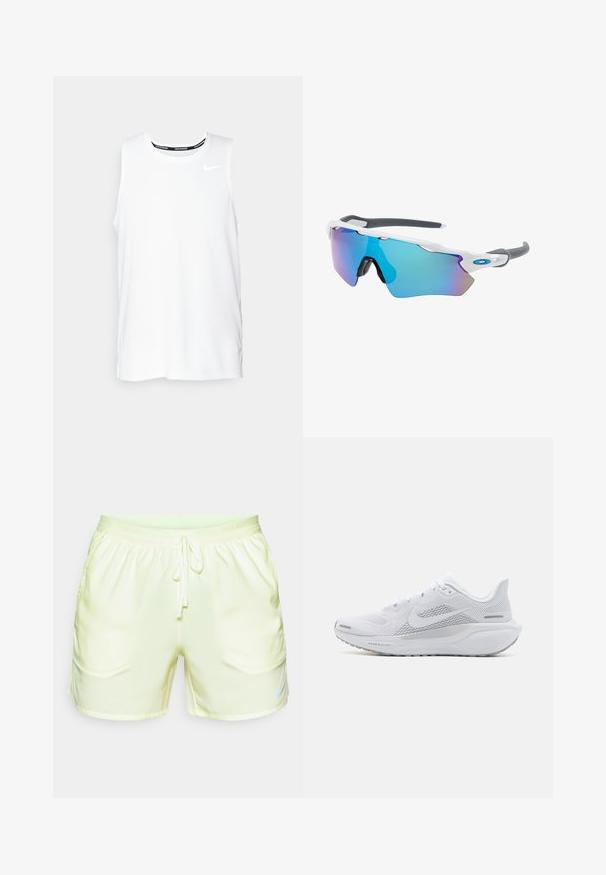 Top de alergare Nike fără mâneci, de culoare albă, cu guler rotund, textură fină și logo-ul Nike de culoare neagră pe partea stângă a pieptului.; Pantaloni scurți de alergare Nike de culoare galben deschis, cu talie elastică, cordon de resor și buzunare laterale. Textură netedă cu un detaliu discret al logo-ului.; Pantofii sport albi cu un superior din plasă, suprapărți cu textură netedă, accente gri, șireturi și o talpă căptușită, concepuți pentru performanță.; Ochelari de soare cu cadru alb, accente gri și lentile curbate albastre. Design sportiv, formă envolvitoare și pernițe de nas ajustabile.