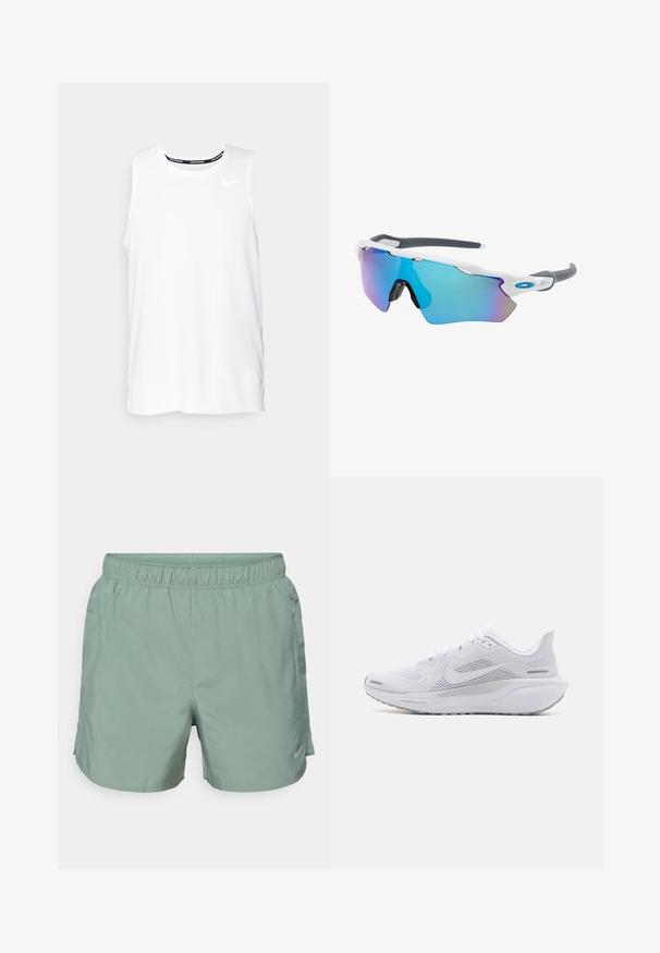 Valge ilma varrukateta Nike jooksmise topp ümmarguse kaelusega, siledast materjalist, ning must Nike logo vasakul rinnal.; Heledad rohelised sportlikud lühikesed püksid siledast kangast, millel on elastne vöökoht ja alapoole asetatud diskreetne logo.; Valge sportlik king, millel on võrgust pealne osa, sujuva tekstuuriga kattekiht, hallid aktsendid, sidemed ja pehmendatud tald, mis on mõeldud sooritusvõime jaoks.; Valged raamidega päikeseprillid, hallide aktsentidega ja siniste peegelprillidega. Sportlik disain, ümber keha kujundus ja reguleeritavad ninasillad.
