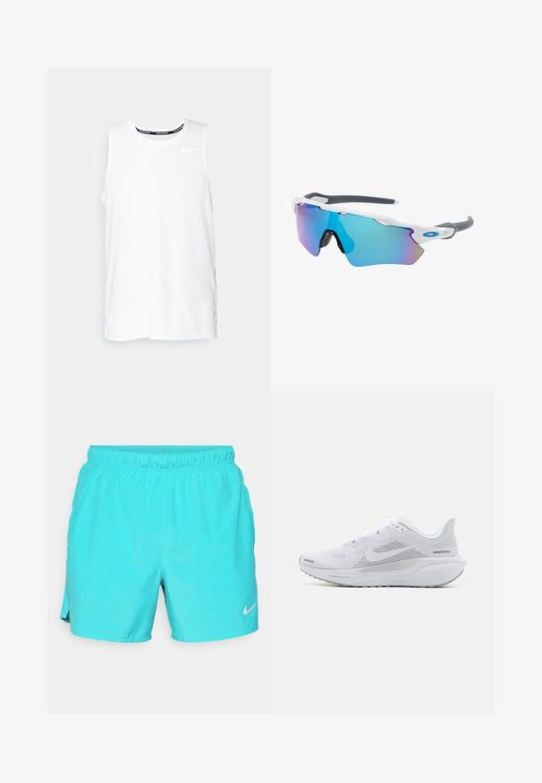 Balta be rankovių Nike bėgimo marškinėliai su apvaliu kaklu, lygiu paviršiumi ir juodu Nike logotipu viršutinėje kairėje krūtinės pusėje.; Turkio spalvos sportinės šortai, pagaminti iš lengvo audinio. Turi elastingą liemenį ir baltą „Nike“ logotipą apatinėje dešinėje kojoje.; Balti sportiniai batai su orui pralaidžia viršutine dalimi, lygaus tekstūros apdaila, pilkais akcentais, raišteliais ir paminkštintu padu, skirtu našumui užtikrinti.; Akiniai nuo saulės su balta rėmeliu, pilkų akcentų ir mėlynais veidrodiniais objektyvais. Sportiškas dizainas, aplink galvą prilipusios formos ir reguliuojamos nosies pagalvėlės.