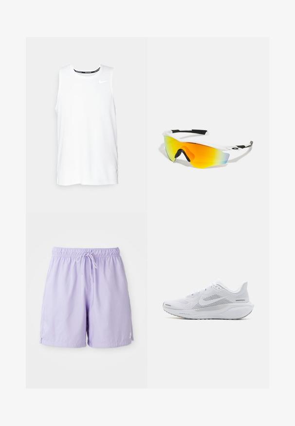 Vitt ärmlöst Nike-löparlinne med rund halsringning, slät yta och svart Nike-logotyp på övre vänstra bröstet.; Lila badshorts gjorda av lättviktsmaterial, med elastisk midja och dragsko, sidspri, samt en liten logotypsaccent.; Vit sportskor med ovandel i mesh, släta texturerade överlager, grå accenter, snören och en vadderad sula designad för prestanda.; Vita sportsolglasögon med en böjd design, svarta gummidetaljer och en spegelblå-orange linse som övergår till blått.
