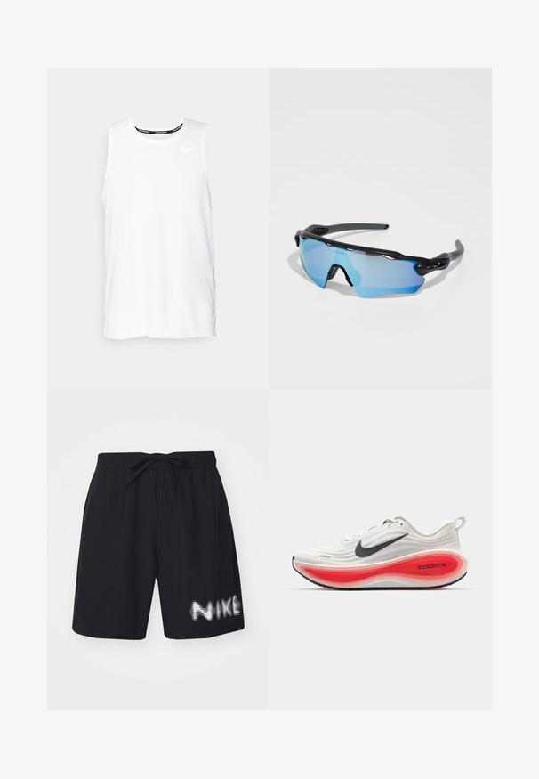 Top da corsa Nike senza maniche di colore bianco, con scollo rotondo, texture liscia e logo Nike nero sulla parte superiore sinistra del petto.; Pantaloni da bagno neri con vita elastica e lacci. Presentano un logo "NIKE" in gradiente bianco sul lato destro in basso.; Scarpe da corsa Nike con tomaia in maglia bianca, logo swoosh nero e una suola ammortizzata spessa rossa e bianca contrassegnata "ZOOMX". Suola esterna nera con trazione.; Occhiali sportivi da sole con montatura nera, lenti ampie con tonalità blu e un design robusto. Offrono una maggiore copertura avvolgente.