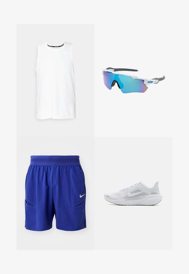 Camiseta sin mangas blanca de Nike para correr, con cuello redondo, textura suave y logo negro de Nike en la parte superior izquierda del pecho.; Pantalones cortos deportivos azules con cinturilla elástica, bolsillos laterales y pequeño logo de Nike en blanco en la pierna derecha.; Zapatilla deportiva blanca con parte superior de malla, sobrecapas de textura suave, acentos en gris, cordones y una suela acolchada diseñada para el rendimiento.; Gafas de sol con montura blanca, detalles grises y lentes espejados azules. Diseño deportivo, forma envolvente y almohadillas para la nariz ajustables.