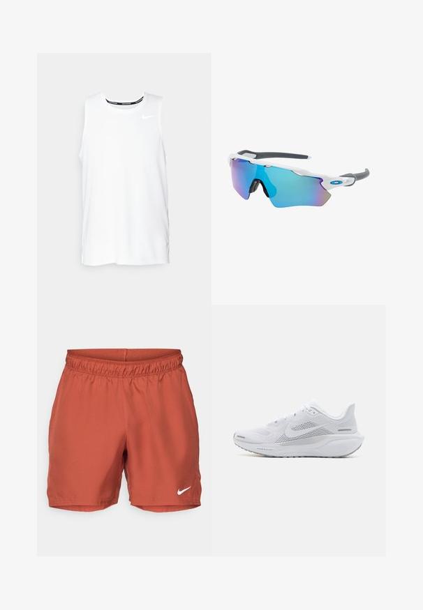 Balta be rankovių Nike bėgimo marškinėliai su apvaliu kaklu, lygiu paviršiumi ir juodu Nike logotipu viršutinėje kairėje krūtinės pusėje.; Raudoni sportiniai šortai, pagaminti iš lengvo audinio, su elastine juosta ir mažu baltu Nike logotipu apatinėje kairėje pusėje.; Balti sportiniai batai su orui pralaidžia viršutine dalimi, lygaus tekstūros apdaila, pilkais akcentais, raišteliais ir paminkštintu padu, skirtu našumui užtikrinti.; Akiniai nuo saulės su balta rėmeliu, pilkų akcentų ir mėlynais veidrodiniais objektyvais. Sportiškas dizainas, aplink galvą prilipusios formos ir reguliuojamos nosies pagalvėlės.
