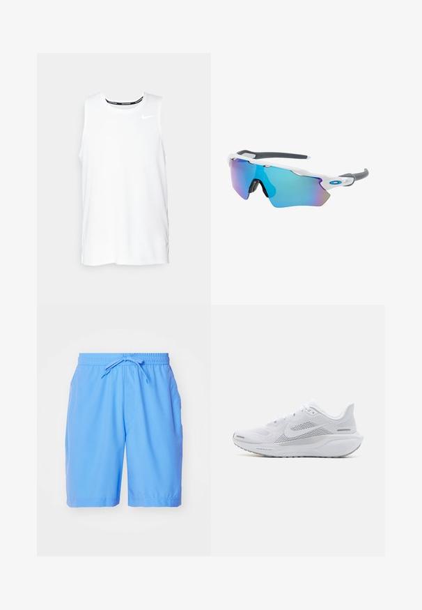 Valkoinen ilmanhiha Nike-juoksupaita, jossa on pyöreä kaula-aukko, sileä pinta ja musta Nike-logo vasemmassa ylä rinnassa.; Vaaleansiniset uimapuvut, jotka on valmistettu sileästä kankaasta. Niissä on joustava vyötärö, jossa on naru, sekä sivutaskut.; Valkoinen urheilukenkä, jossa on verkkomateriaali yläosa, sileät tekstuuriset päällysteet, harmaat yksityiskohdat, nauhat ja pehmustettu pohja, joka on suunniteltu suorituskykyä varten.; Aurinkolasit valkoisella muodolla, harmailla yksityiskohdilla ja sinisillä peilipinnoilla. Urheilullinen muotoilu, ympäröivä malli ja säädettävät nenätyynyt.