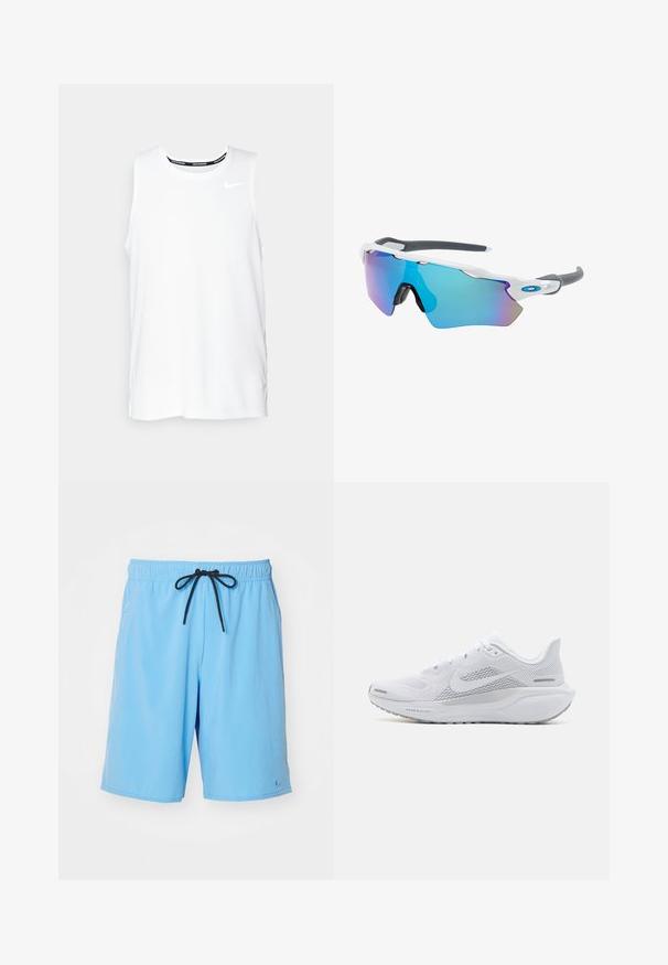 Camiseta sin mangas blanca de Nike para correr, con cuello redondo, textura suave y logo negro de Nike en la parte superior izquierda del pecho.; Pantalones cortos azul claro fabricados en material sintético, con una cintura elástica con cordón negro y un pequeño logotipo.; Zapatilla deportiva blanca con parte superior de malla, sobrecapas de textura suave, acentos en gris, cordones y una suela acolchada diseñada para el rendimiento.; Gafas de sol con montura blanca, detalles grises y lentes espejados azules. Diseño deportivo, forma envolvente y almohadillas para la nariz ajustables.