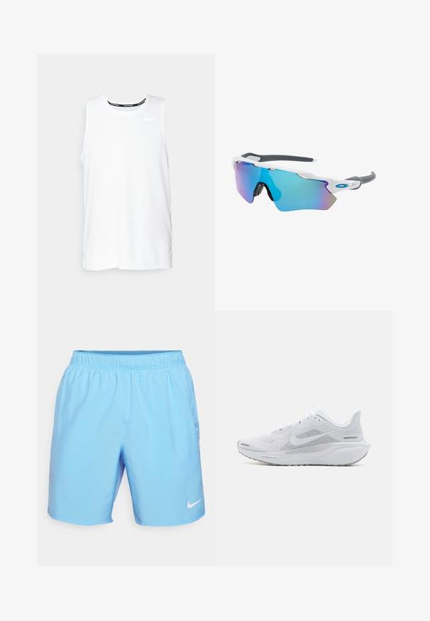 Weißes ärmelloses Nike-Lauftop mit Rundhalsausschnitt, glatter Textur und schwarzem Nike-Logo auf der oberen linken Brust.; Nike Performance CHALLENGER SHORT - Kurze Sporthose - university blue/black/reflective silver; Weißer Sportschuh mit einem Obermaterial aus Mesh, glatten Überzügen, grauen Akzenten, Schnürsenkeln und einer gepolsterten Sohle, die für Leistung ausgelegt ist.; Sonnenbrille mit einem weißen Rahmen, grauen Akzenten und blauen Spiegellinsen. Sportliches Design, umschließende Form und verstellbare Nasenpads.