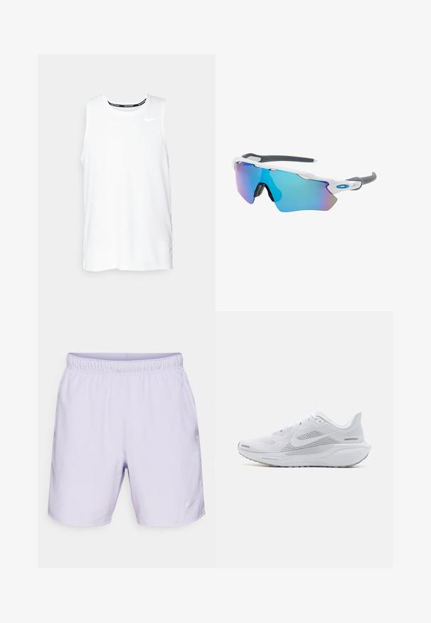 Camiseta sin mangas blanca de Nike para correr, con cuello redondo, textura suave y logo negro de Nike en la parte superior izquierda del pecho.; Pantalones cortos atléticos color lila con cintura elástica, bolsillos laterales y un logo reflectante de Nike en la parte inferior derecha. Tejido suave y ligero.; Zapatilla deportiva blanca con parte superior de malla, sobrecapas de textura suave, acentos en gris, cordones y una suela acolchada diseñada para el rendimiento.; Gafas de sol con montura blanca, detalles grises y lentes espejados azules. Diseño deportivo, forma envolvente y almohadillas para la nariz ajustables.