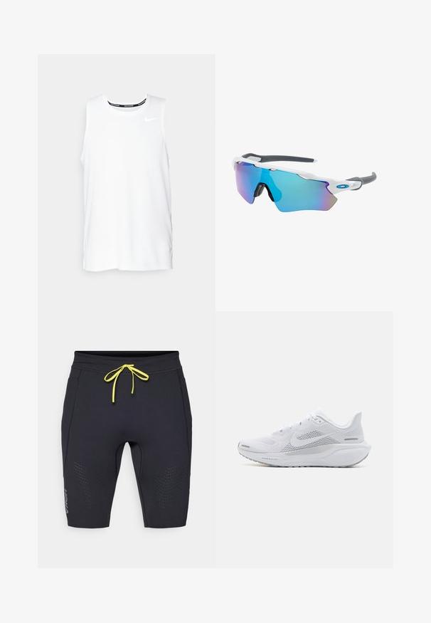 Witte mouwloze Nike hardlooptop met een ronde hals, een gladde textuur en een zwart Nike-logo op de bovenste linkerborst.; Zwarte sportshorts met een slim fit ontwerp. Voorzien van een gele trekkoord, geperforeerde accenten aan de zijkanten en het HOKA-logo nabij de zoom.; Witte sportieve schoen met een mesh bovenwerk, gladde textuur overlays, grijze accenten, veters en een gevoerde zool ontworpen voor prestaties.; Zonnebril met een wit frame, grijze accenten en blauwe spiegelglazen. Sportief ontwerp, omhulde vorm en verstelbare neuspads.