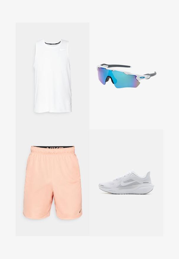 Bela brezrokavnica za tek Nike z okroglim izrezom, gladko teksturo in črnim Nike logotipom na zgornji levi strani prsnega koša.; Nike Performance TOTALITY - Športne kratke hlače - apricot agate/black; Bela atletska copata z mrežasto zgornjo plastjo, gladkimi teksturiranimi dodatki, sivi poudarki, vezalkami in blaženim podplatom, zasnovana za zmogljivost.; Sončne očala z belim okvirjem, sivi detajli in modrimi zrcalnimi lečami. Športna zasnova, ovitek oblike in nastavljivi nosni blazinici.