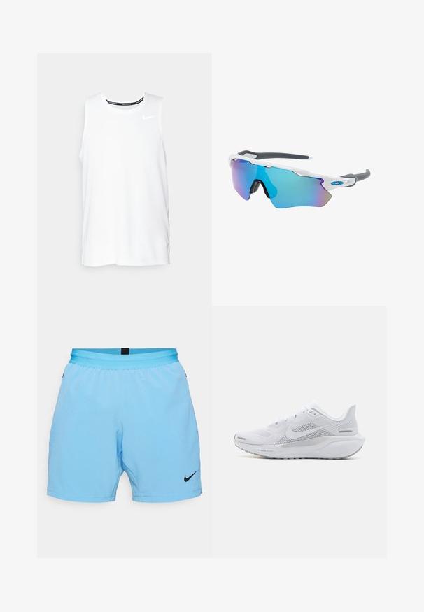 Camiseta sin mangas blanca de Nike para correr, con cuello redondo, textura suave y logo negro de Nike en la parte superior izquierda del pecho.; Pantalones cortos deportivos de Nike en azul claro con cintura elástica, logo negro en la parte inferior derecha y una textura de tela suave y ligera.; Zapatilla deportiva blanca con parte superior de malla, sobrecapas de textura suave, acentos en gris, cordones y una suela acolchada diseñada para el rendimiento.; Gafas de sol con montura blanca, detalles grises y lentes espejados azules. Diseño deportivo, forma envolvente y almohadillas para la nariz ajustables.