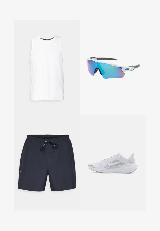 Valkoinen ilmanhiha Nike-juoksupaita, jossa on pyöreä kaula-aukko, sileä pinta ja musta Nike-logo vasemmassa ylä rinnassa.; Tummansinisiä uimapukuja, joissa on joustava vyötärö ja naru. Valmistettu kevyestä materiaalista, jossa on sivutaskut ja yksinkertainen muotoilu.; Valkoinen urheilukenkä, jossa on verkkomateriaali yläosa, sileät tekstuuriset päällysteet, harmaat yksityiskohdat, nauhat ja pehmustettu pohja, joka on suunniteltu suorituskykyä varten.; Aurinkolasit valkoisella muodolla, harmailla yksityiskohdilla ja sinisillä peilipinnoilla. Urheilullinen muotoilu, ympäröivä malli ja säädettävät nenätyynyt.