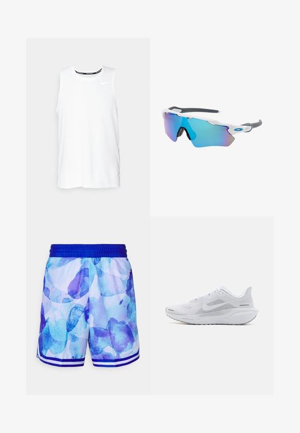 Weißes ärmelloses Nike-Lauftop mit Rundhalsausschnitt, glatter Textur und schwarzem Nike-Logo auf der oberen linken Brust.; Blaue und lila gemusterte Sportshorts mit Netzstruktur, elastischem Bund und weißen Streifen am Saum. Nike-Logo an der unteren rechten Seite.; Weißer Sportschuh mit einem Obermaterial aus Mesh, glatten Überzügen, grauen Akzenten, Schnürsenkeln und einer gepolsterten Sohle, die für Leistung ausgelegt ist.; Sonnenbrille mit einem weißen Rahmen, grauen Akzenten und blauen Spiegellinsen. Sportliches Design, umschließende Form und verstellbare Nasenpads.