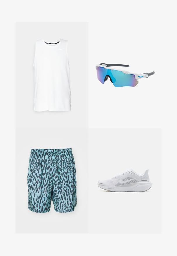 Balta be rankovių Nike bėgimo marškinėliai su apvaliu kaklu, lygiu paviršiumi ir juodu Nike logotipu viršutinėje kairėje krūtinės pusėje.; Mėlynos leopardų rašto šortai su elastinga juosmens juosta, pagaminti iš lengvos medžiagos ir laisvo kirpimo, puikiai tinkantys kasdienei aprangai.; Balti sportiniai batai su orui pralaidžia viršutine dalimi, lygaus tekstūros apdaila, pilkais akcentais, raišteliais ir paminkštintu padu, skirtu našumui užtikrinti.; Akiniai nuo saulės su balta rėmeliu, pilkų akcentų ir mėlynais veidrodiniais objektyvais. Sportiškas dizainas, aplink galvą prilipusios formos ir reguliuojamos nosies pagalvėlės.