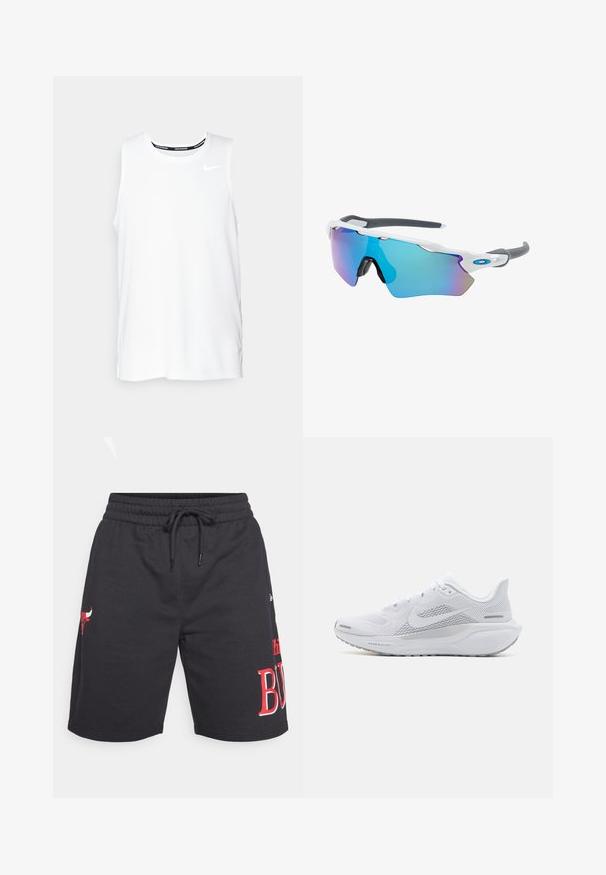 Valge ilma varrukateta Nike jooksmise topp ümmarguse kaelusega, siledast materjalist, ning must Nike logo vasakul rinnal.; Musta spordiline lühikesed püksid, mis on valmistatud pehmest kangast, elastse vöökohaga ja paeltega, punased logo aktsendid ja põlvini ulatuv lõige.; Valge sportlik king, millel on võrgust pealne osa, sujuva tekstuuriga kattekiht, hallid aktsendid, sidemed ja pehmendatud tald, mis on mõeldud sooritusvõime jaoks.; Valged raamidega päikeseprillid, hallide aktsentidega ja siniste peegelprillidega. Sportlik disain, ümber keha kujundus ja reguleeritavad ninasillad.
